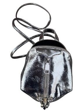 Rebecca Minkoff Metallic Silver Mini Backpack Purse Leopard Print Lining.